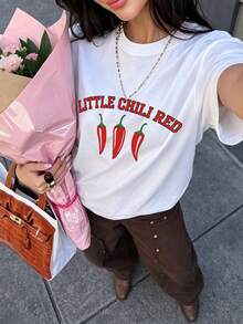 Women's White Round Neck T-Shirt, Chili Style Small Red Letters Print, Y2K Streetwear Style, Casual Loose Knit Top, Cute Basic Tee For Summer - White - View 2