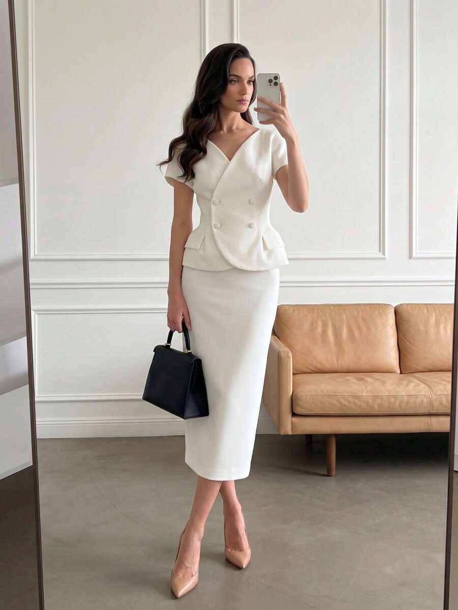 素色休閒時尚優雅日常通勤商務V領荷葉邊上衣 + 修身中長裙 春/夏女裝套裝,休閒穿搭 白色 - 白色 - 查看 1