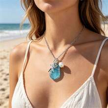 BMOR Handmade Wire Wrapped Blue Sea Glass Pendant Necklace, Bohemian Starfish & Faux Pearl Ocean Necklaces Women, Summer Hawaii Beach Vacation Jewelry Gift - Blue - View 3