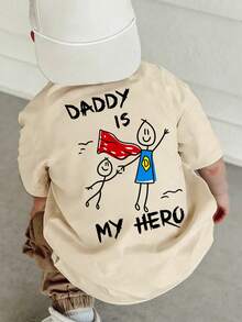 男童卡通棒棒人 Super Daddy 圖案印花 T-shirt，Daddy Is My Hero 文字印花後背短袖上衣，幼兒日常穿著夏季基礎上衣 - 杏色 - 查看 7
