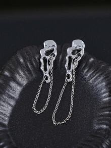 1 Par de Brincos Punk Esculturais Geométricos, Assimétricos, Vazados, com Textura Fundida, Corrente Longa e Borlas Pendentes, Brincos de Botão, Joias de Arte Moderna Statement para Mulher - Prata - Ver 2