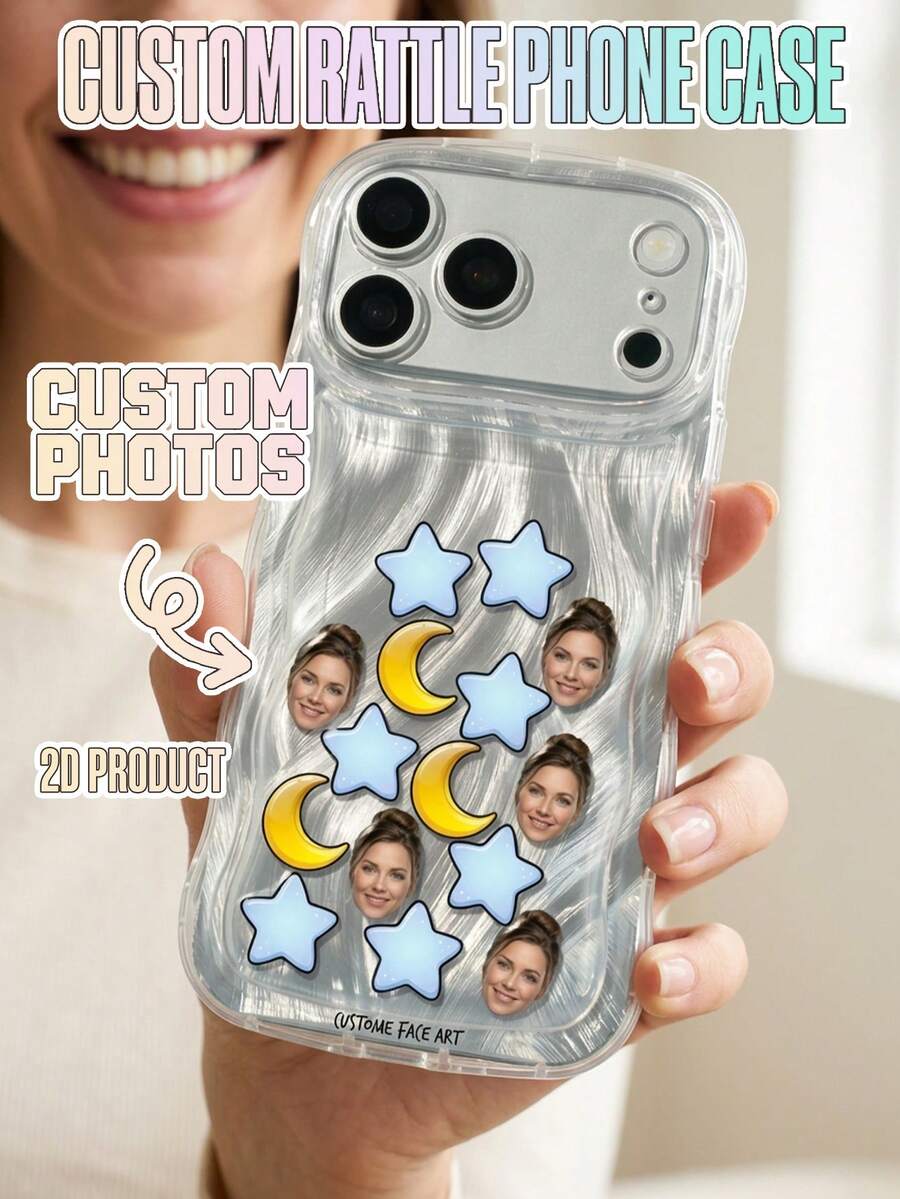 1pc Custom Face Rattle Phone Case, ABS Plastic Case Shell With Acrylic Star Moon Floating Portrait Charms, Wavy Transparent Cover, Shakeable Personalized Photo Design, Ideal Anniversary & Birthday Gift For Couples - Multicolor - View 1