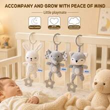 3-Piece Bed Hanging Toys, Rabbit/Elephant/Fox Plush Toys With Teething Ring, Portable Baby Bed/Stroller Hanging Pendant, Suitable As Baby Gift - Multicolor - View 6