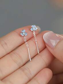 1 Pair S925 Sterling Silver Mori Style Blue Iris Ear Thread Earrings, Gentle Elegant Fresh Versatile Women's Lady Style Jewelry, Suitable For Daily Wear, Outings, Gatherings, Anniversaries, Holiday Gifts - Flowers - View 8