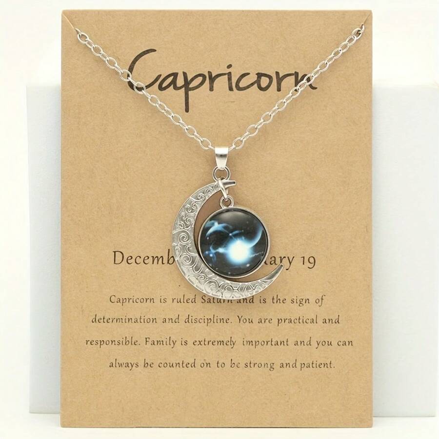 1 Retro Zodiac Moon Pendant Necklace That Glows In The Dark - Vintage Style, Zinc Alloy With Details, Adjustable Chain For Women - Ideal For Everyday Wear And Gifts - 摩羯座 - 查看 1