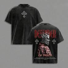   Camiseta Invencible Defensor de la Fe, Camiseta Cristiana Oversize con Lavado Vintage, Camiseta con Gráfico de Rey Caballero Medieval, Camiseta de Algodón Grueso con Escritura 2 Timoteo 1: - Negro - Ver 1