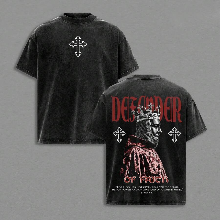 Camiseta Invencible Defensor de la Fe, Camiseta Cristiana Oversize con Lavado Vintage, Camiseta con Gráfico de Rey Caballero Medieval, Camiseta de Algodón Grueso con Escritura 2 Timoteo 1: - Negro - Ver 1