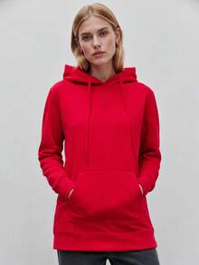 Women's Kangaroo Sweatshirt, Pullover, Below-The-Hip Length, Cuffed Sleeves And Hem, One Kangaroo Pocket, Loose Fit, Basic, Spring/Autumn - Red - View 2