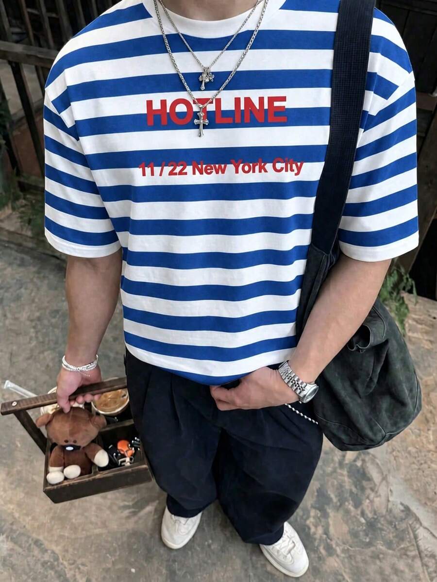 FRACTYR 男士夏季短袖街頭字母條紋印花美式高街寬鬆圓領T恤，舒適戶外穿著 - 藍色 - 查看 1