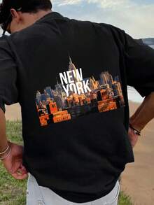 -Men's Casual New York City Skyline Print T-Shirt, Ideal For The Beach In Summer, A Great Gift For Travel Lovers.,Summer - 黑色 - 查看 2