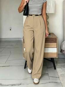 Pantalones de pierna ancha de cintura alta y ajuste delgado para mujer |   Estilo callejero bohemio |   Adecuado para uso casual, ir al trabajo y vacaciones en primavera/verano Negro - Caqui 2 - Ver 2