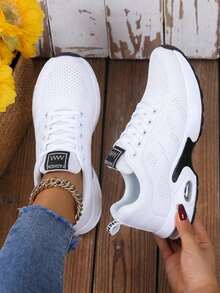 Zapatillas De Mujer Breathable Mesh Air Cushion Casual Sneakers Lightweight Thick Sole Non Slip Lace Up Daily Walking Running Sports Shoes For Women - 白色 - 查看 4