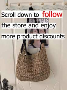 Bolso de hombro de paja con ganchillo hueco color caqui casual con correa de tela plisada negra y decoración de lazo lateral. Textura tejida hueca transpirable y silueta de media luna relajada, creando un ambiente casual de playa, ideal para paseos por la playa, turismo de verano y combinar con atuendos de lino. - Negro - Ver 2