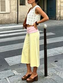 Fold Over Wide Leg Capri Pants For Women Low Rise Lounge Yoga Flare Culottes Y2k Flowy Crop Palazzo Pants - 黃色 - 查看 8