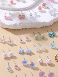NAIZHU 30 Pairs/Set European And American Style Elegant Geometric Floral Heart Bow Earring Set For Women, Daily Wear, Date Accessories, Valentine's Day And Mother's Day Gift - Multicolor - View 3