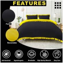 VELVETIO Luxury Kendrick Frill Duvet Cover Set Reversible Bedding Set Soft Smooth Lightweight Microfiber Polyester With Matching Pillow Cases Elegant Ruffle Edge Plain Design Single Double King - Negro/Ocre - Ver 4