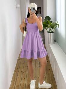 Vestido tipo chaleco de color sólido con diseño empalmado para mujer - Morado - Ver 4