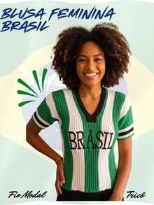 Women's Blouse Brazil Ribbed Knit Short Sleeve V-Neck Front Print Sporty Casual Knit - 綠色 - 查看 1