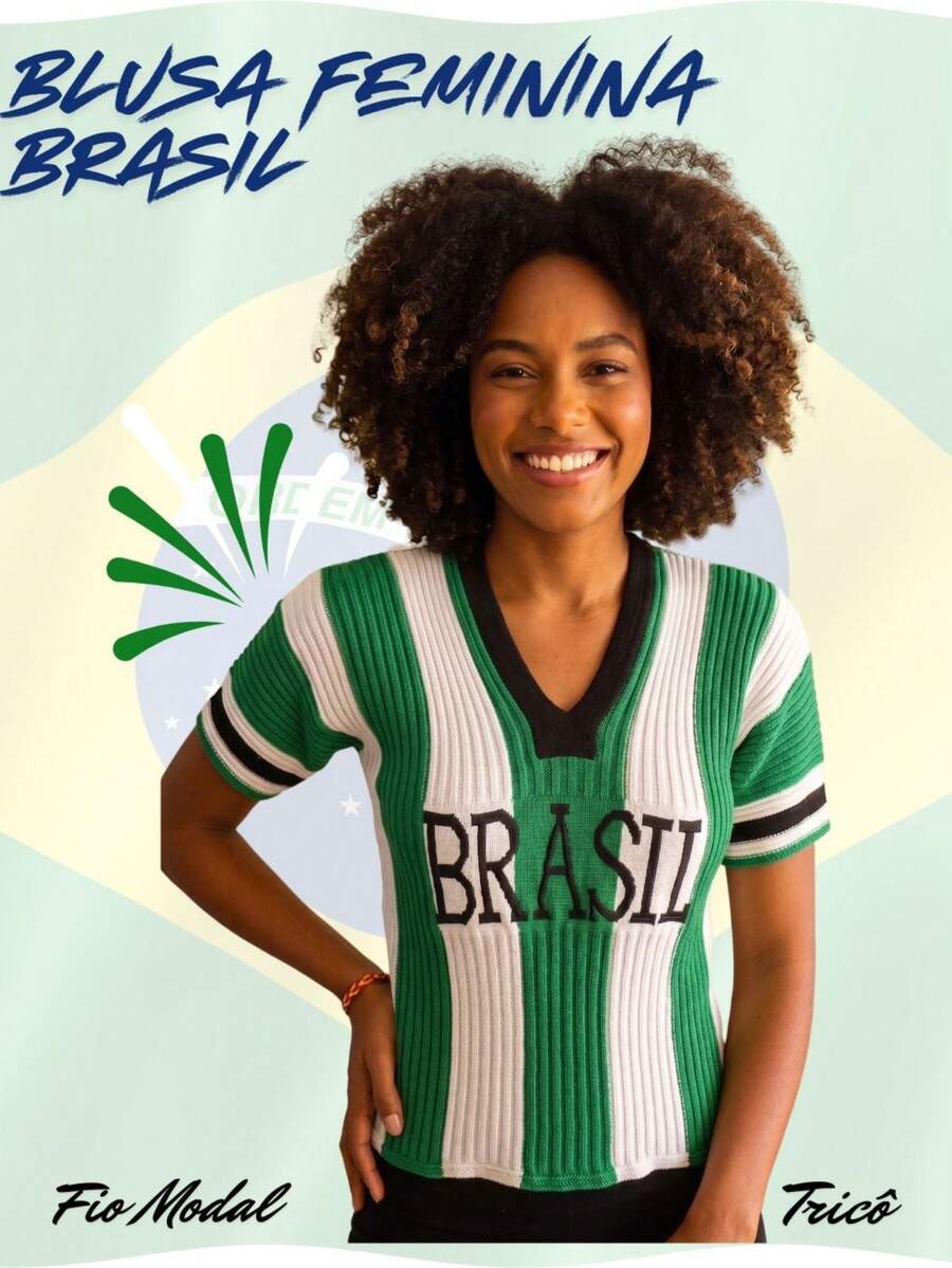 Women's Blouse Brazil Ribbed Knit Short Sleeve V-Neck Front Print Sporty Casual Knit - 綠色 - 查看 1