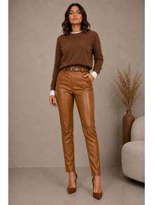 Women's Faux Leather Pants With Belt, Skinny/Straight, High Waist, Winter Leather Pants. - 駝色 - 查看 5