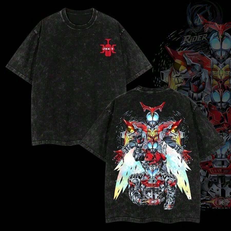 Rider4U Kamen Rider Kabuto Oversized Washed T-Shirt 100% Premium Cotton Classic Fit Sizes S-5XL Men's Clothing Soft T-Shirt Made In USA Premium Clothing Summer Sets - 寶藍色 - 查看 1