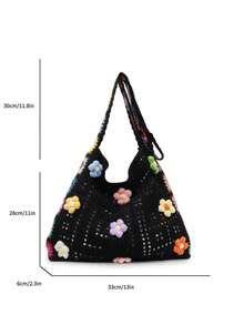 Bohemian Style Retro Hollow-Out Floral Contrast Color Casual Crossbody Bag Tote Bag Vocation Holiday Outgoing Shopping Bag Beach Bag Crochet Bag - 黑色 - 查看 9