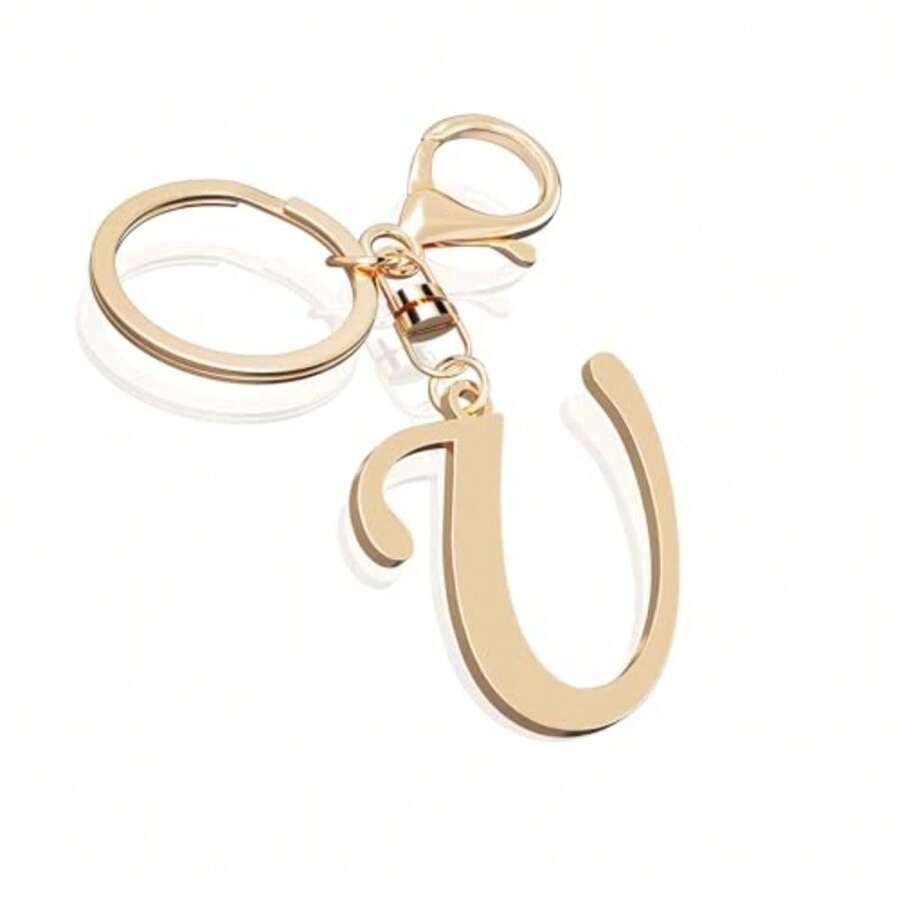 Lindo llavero de acero inoxidable con letra inicial dorada para mujeres y niñas, dijes para bolso de llave, bolso de mochila, regalo personalizado - dorado-U - Ver 1