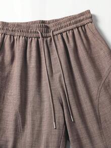 1pc Faux Linen Textured Long Pants, Men's Vacation Style Casual Long Pants, Lightweight Breathable Fabric, Beach Slouchy Relaxed Straight Leg Pants, Loose Fit Flattering Leg Shape, Comfortable Skin-Friendly, Machine Washable, Vacation Style, Beach Vacation, Island Travel Men's Pants - Coffee Brown - View 7