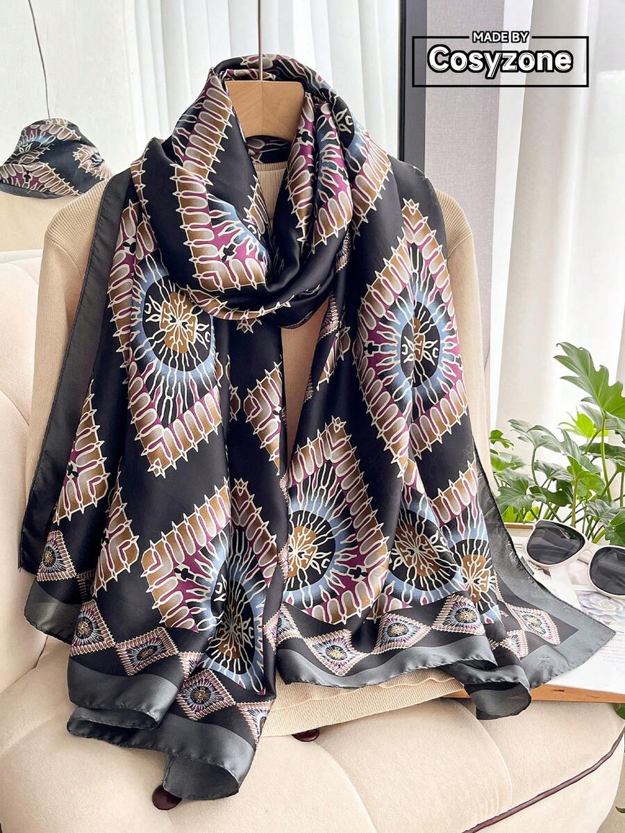 1 Buah Syal Sutra Imitasi Elegan Bermotif Bohemian untuk Wanita, Syal Serbaguna untuk Musim Semi/Panas, Pelindung Matahari untuk Liburan Pantai, Cocok untuk Penggunaan Sehari-hari - Hitam - View 1