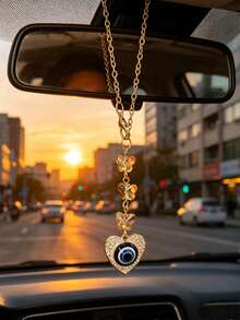 1pc Evil Eye Heart Car Hanging Ornament, Crystal Butterfly Gold Chain Rearview Mirror Pendant, Auto Interior Decor Accessories - Devil Butterfly Chain - View 2