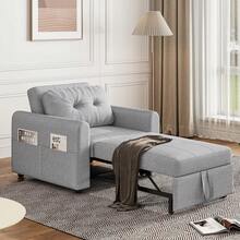 Single Sofa Bed, Convertible Linen Sleeper Sofa Chair With Storage Pockets, 3 Adjustable Backrest, 3-In-1 Pull Out Sofa Bed For Living Room, Bedroom, Light Grey - Light Grey - View 7