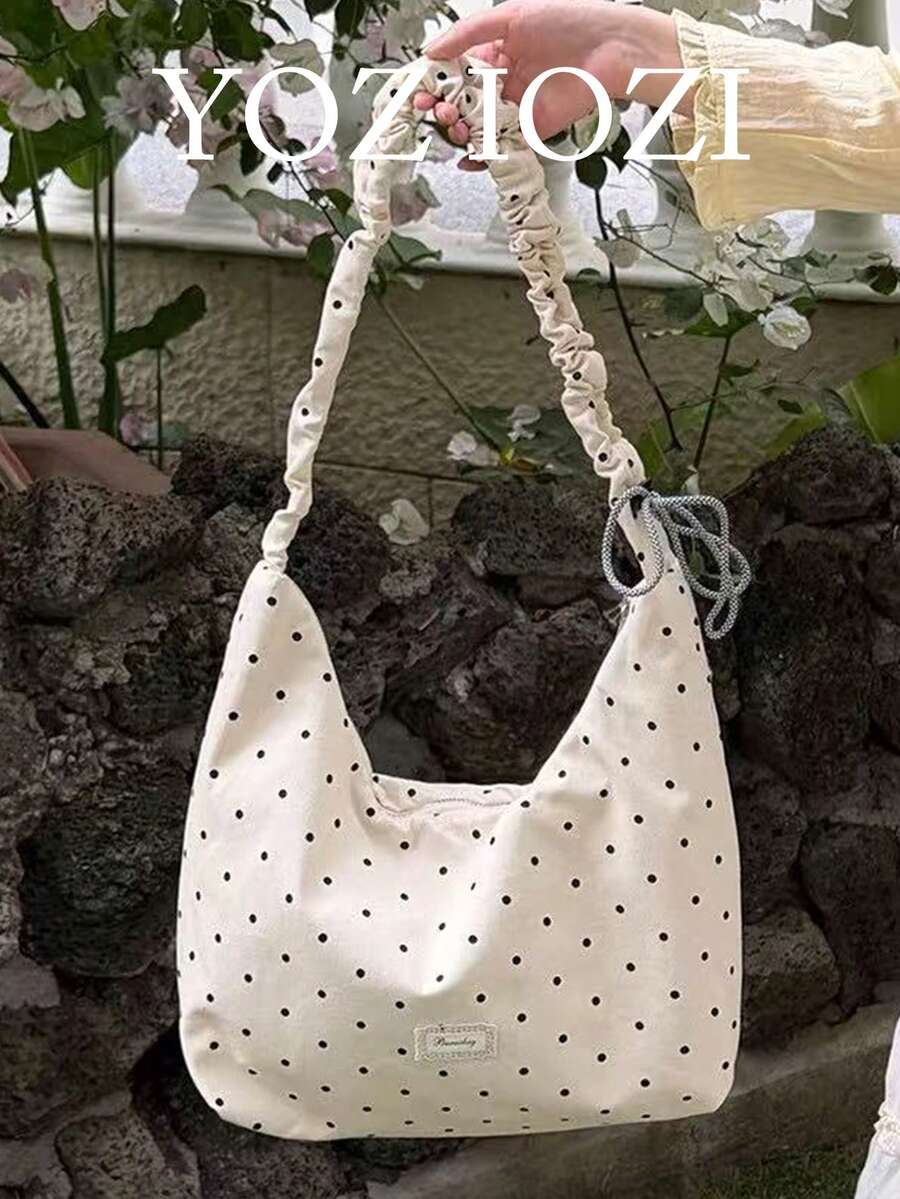女童森系甜美波點單肩包，日系百搭斜背帆布大托特包，適合大學生返校使用 - 白色 - 查看 1