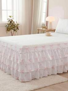 1pc 3-Layer Cute Bow Pattern Bed Skirt, Simple Classic Design, Suitable For Daily Use, Comfortable Breathable Polyester Fabric, All Seasons - Multicolor - View 3