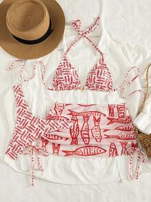 海洋風 3 件組女款泳裝套裝－性感比基尼上衣、俏皮泳褲下裝與飄逸罩衫裙，適合夏季度假海灘 - 紅白色 - 查看 3