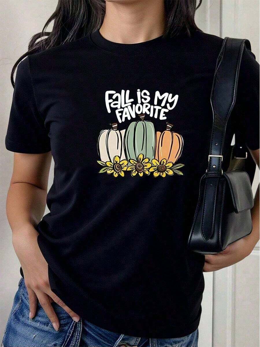 Women's Breathable T-Shirt With Pastel Pumpkins And Sunflowers, Fun Autumn Phrase, Lightweight Garment For Home Relaxation, Outdoor Walks, Beach And Autumn Leisure Tourist Outings. - 黑色 - 查看 1