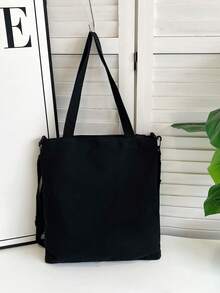 Tas Tote Kanvas untuk Siswa Sekolah Dasar dan Menengah, Tas Bimbingan Belajar Bergambar Kartun, Tas Bahu, Tas Selempang Kanvas, Ransel Serbaguna Kapasitas Besar - Hitam - View 6