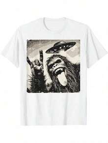 Camiseta Hombre Bigfoot Rocker Tongue| Estampado de Sasquatch, UFO y Selfie| Algodón 180g 100% para Uso Diario| Ropa Casual de Humor y Rock| Ideal para Regalo de Amigos - Blanco - Ver 1