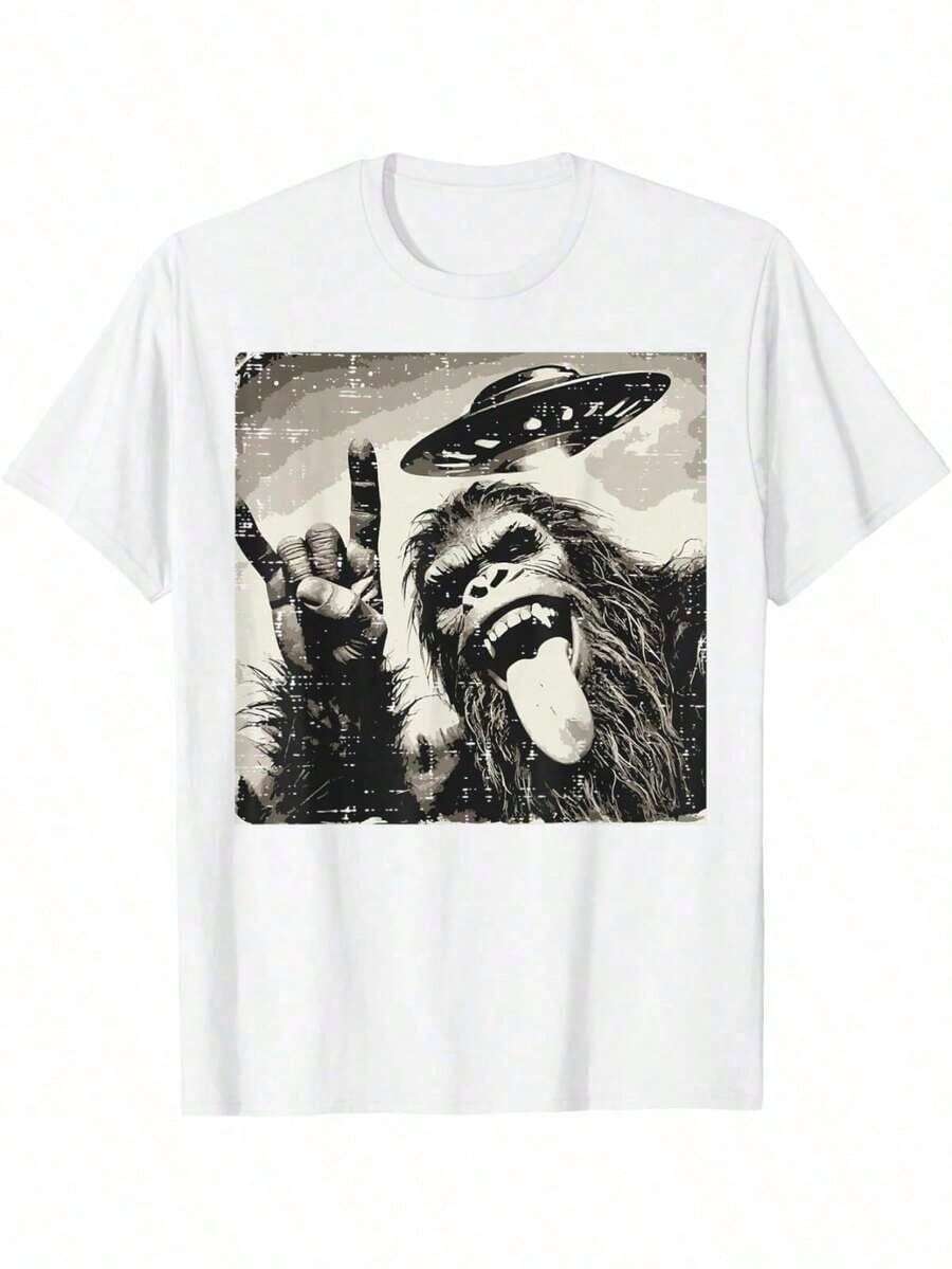Camiseta Hombre Bigfoot Rocker Tongue| Estampado de Sasquatch, UFO y Selfie| Algodón 180g 100% para Uso Diario| Ropa Casual de Humor y Rock| Ideal para Regalo de Amigos - Blanco - Ver 1