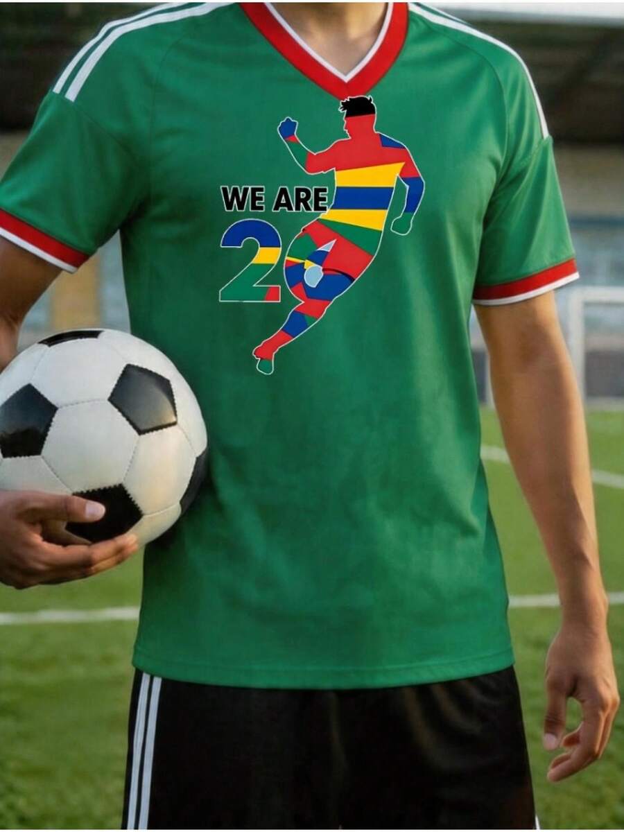 Camiseta para hombre con estampado del jugador de fútbol número 26, texto decorativo, corte deportivo relajado, lavable aáquina, cuello redondo holgado, manga corta casual deportiva, - Verde - Ver 1
