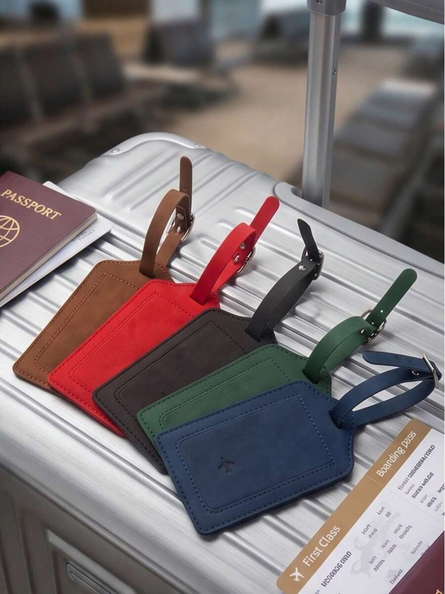 Vintage Minimalist PU Leather Rectangular Luggage Tag With Buckle Strap And Hidden ID Card Slot For Suitcase, Holiday Travel And Summer Vacation Trip - Multicolor - View 1