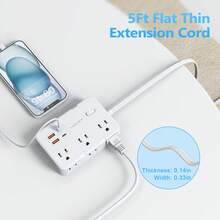 Regleta de protección contra sobretensiones con enchufe plano de 5 pies, 6 tomas de corriente espaciadas + 4 puertos USB, extensor de enchufe de pared, esencial para el hogar, la oficina, el dormitorio - Blanco - Ver 5