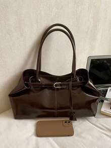 Fashionable Retro Large Capacity PU Shoulder Tote Bag With Strap Design, Portable Handbag, Suitable For Women Shopping, Work Commuting, Vacation Travel And Daily Use - Coffee - View 2