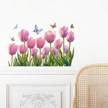 1/3/5pcs Watercolor Pink Tulip Butterfly Wall Window Decal, Self-Adhesive Removable Waterproof Vinyl Sticker For Living Room Bedroom Bathroom Baseboard Glass Door Window. Easy Peel And Stick DIY Wall Art For Home Decor. - Multicolor - View 6