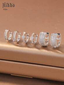 Hihho 6 Stücke/Set Zirkonia Stein Ohrringe Set, Blumen- & Herz-Designs, süßer & lebendiger Stil, beinhaltet Kleeblatt, Cut Out Pavé, minimalistischer Creolen und Kleeblatt Anhänger Stile, dichte Zirkonia Einbettung mit glänzender Oberfläche, geeignet für den täglichen Gebrauch, den Arbeitsweg und leichte gesellige Anlässe - Silber - Übersicht 3