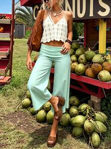 Fold Over Wide Leg Capri Pants For Women Low Rise Lounge Yoga Flare Culottes Y2k Flowy Crop Palazzo Pants - 薄荷綠 - 查看 7