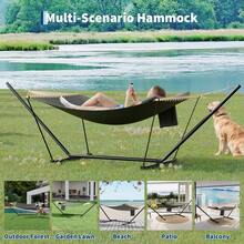 Robuste Doppel-Hängematte mit Stahlgestell – Tragbare Outdoor Hängematte für 2 Personen – Inkl. weichem Kissen, Balance-Seile, hohe Belastbarkeit, für Garten, Terrasse, Balkon oder Strand - Dunkelgrau - Übersicht 7