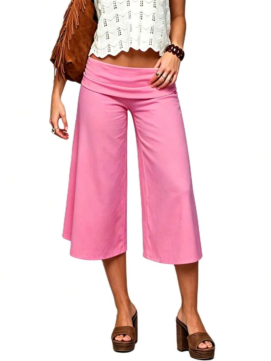 Women 's Fold Over Lounge Capris Wide Leg Low Rise Cropped Gaucho Pants Solid Color Flowy Pajama Bottom - 玫瑰紅 - 查看 1