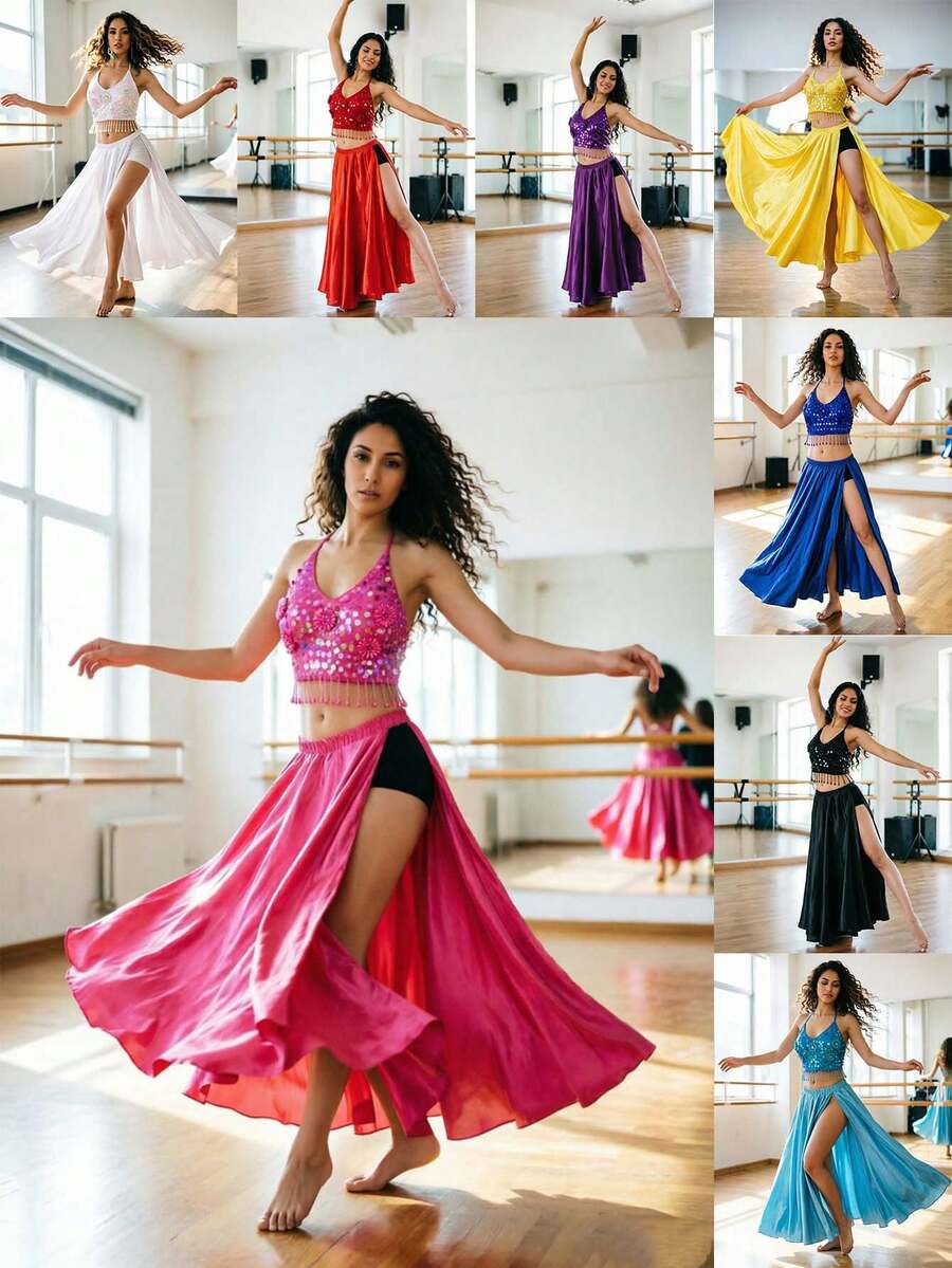 Boho Beaded Floral Halter Top With Back Knot, Shiny Satin Double Split Long Skirt For Festival & Carnival Party - Multicolor - View 1