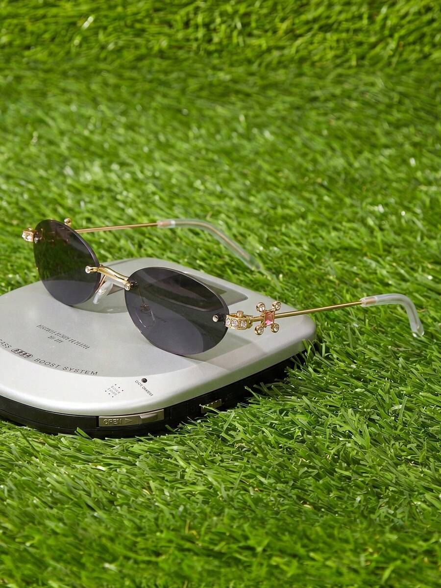 Shadewire 1 paire de lunettes de soleil noires ovales sans monture ornées de strass, unisexes, pour fête, voyage, festivals, sports, conduite, plage, vacances, streetwear, vintage rétro - Cendres d'or - Voir 1