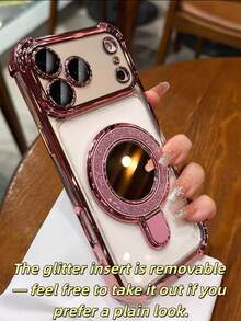 Casing Ponsel Transparan Mewah Berkilau dengan Stand, Kompatibel dengan iPhone 17 Pro Max, 17 Pro, 17, 16 Pro Max, 16 Pro, 16, 16, 15 Pro Max, 15 Pro Max, 15 Pro, 15 Pro Max, 14 Pro, 13 Pro Max, 12 Pro Max, 11, Pelindung Kamera Modis dengan Penutup Belakang Transparan Berlapis Elektroplating. Dilengkapi dengan Cermin Rias dan Set Casing Ponsel Lipat dengan Stand. - Berwarna merah muda - View 3